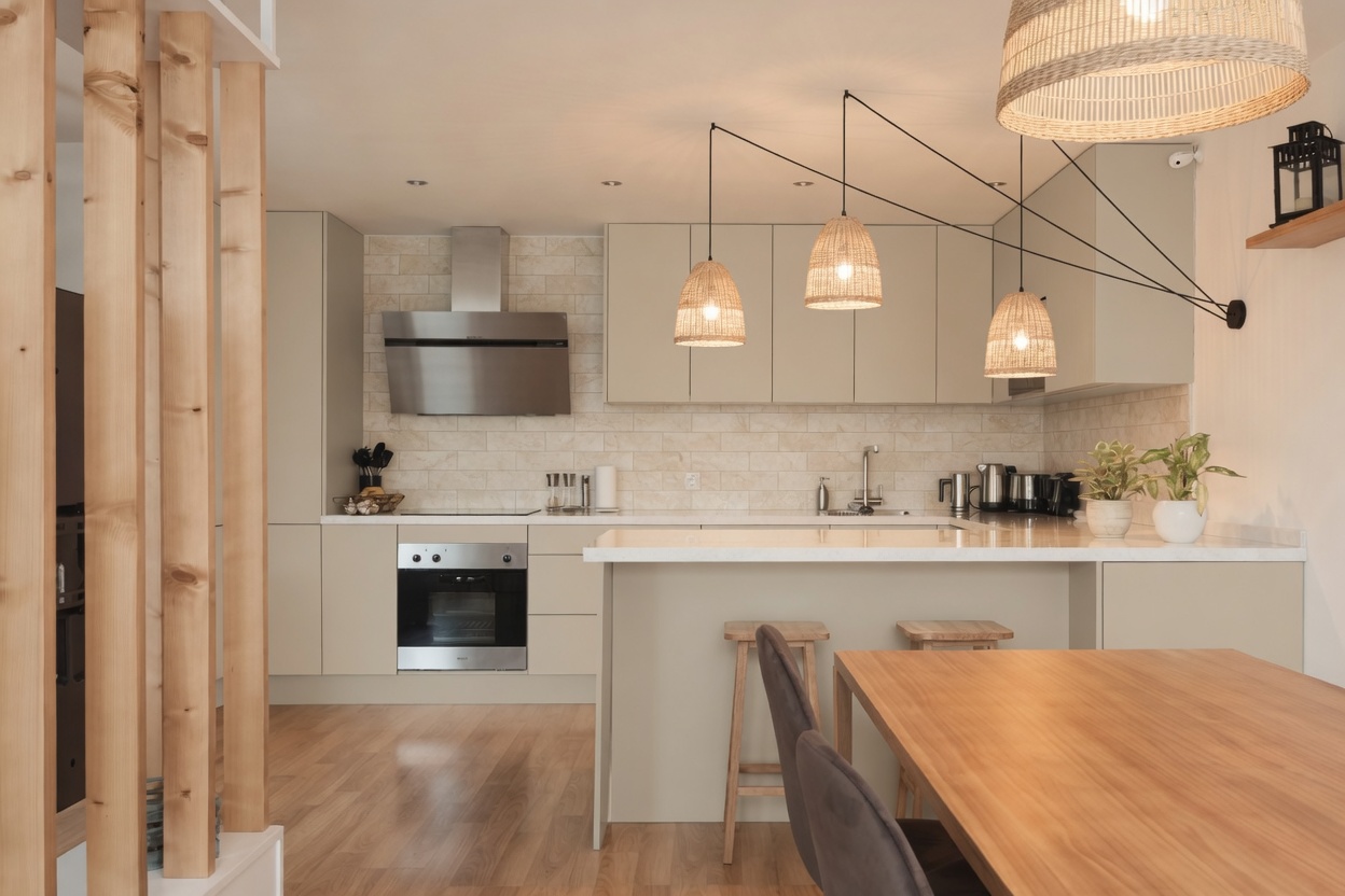 Detalle cocina-comedor · Piso Creme